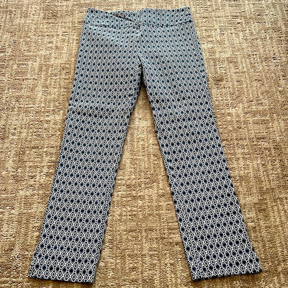 Navy, sky, and white designer stretch pants